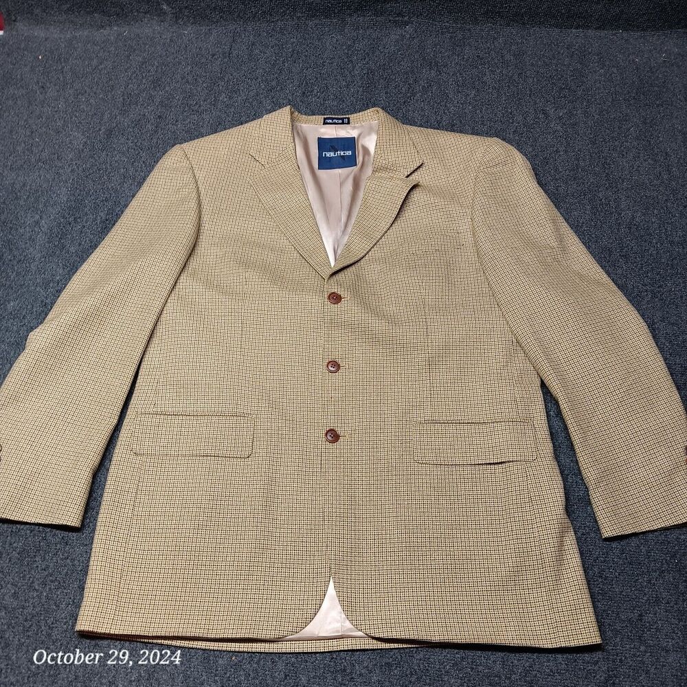 Nautica Blazer Men 44 Long Brown Mini Plaid 3 Button Silk‎ and Worsted Wool